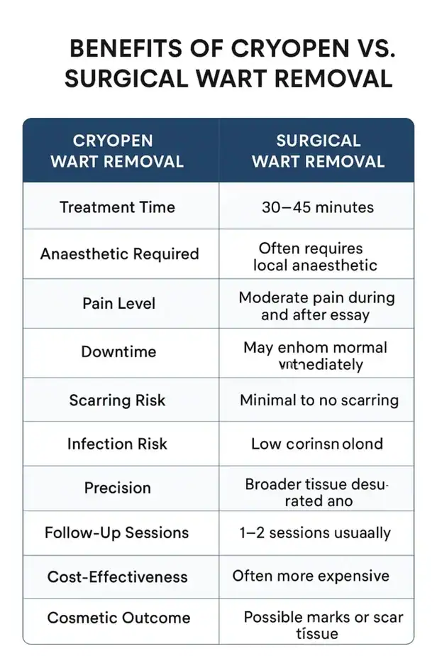 Table showing the benefits of cryopen to remove warts Market Harborough compared to surgical treatment